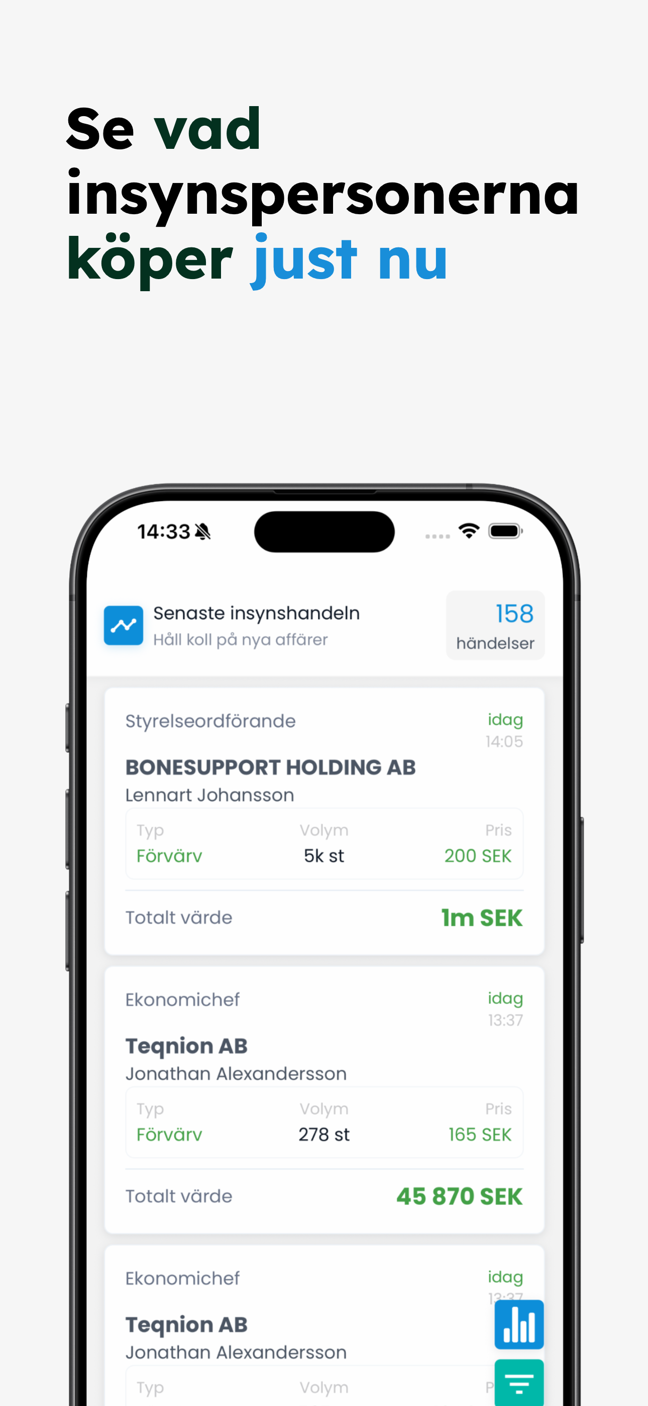 Insynskollen App Store screenshot — insider trading feed